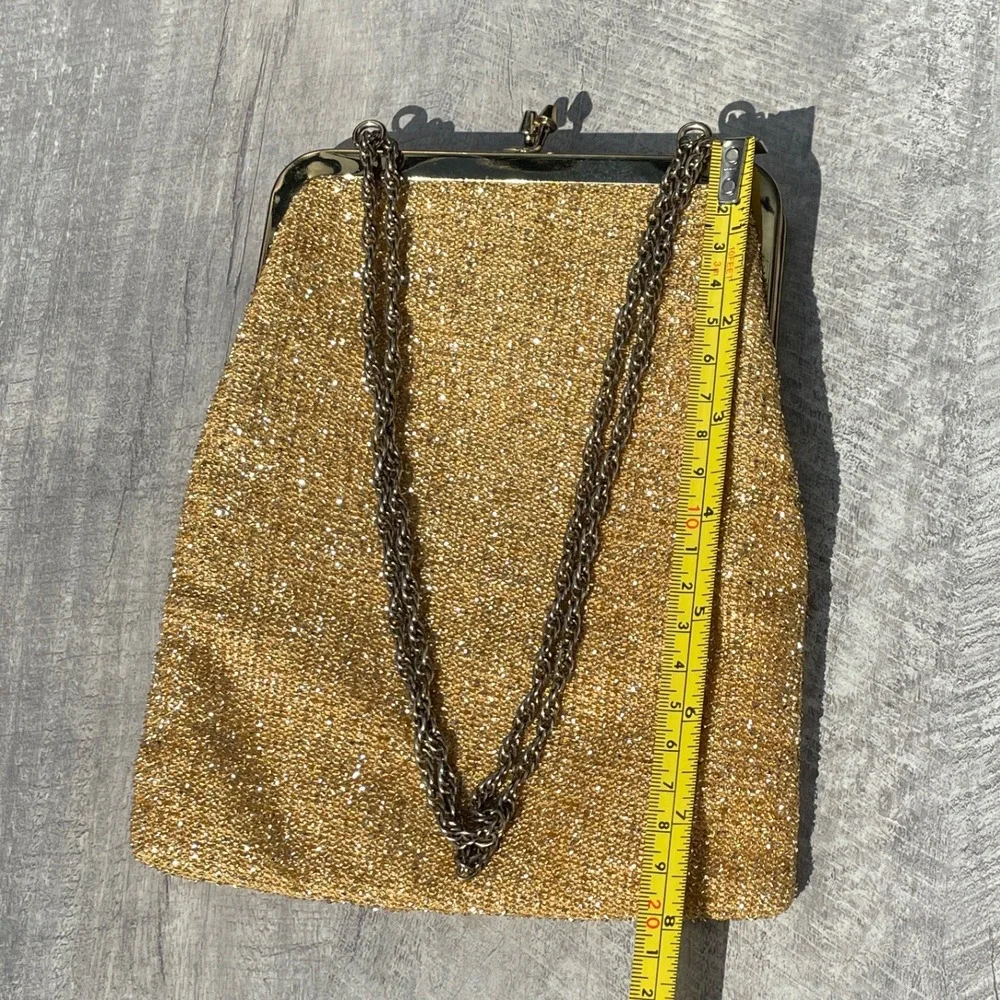 Vintage Harry Levine Gold Weave Evening Bag Kiss Lock Chain Strap Clutch Wedding
